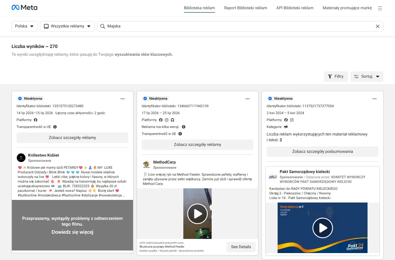 Reklamy marki Majska w bibliotece reklam Meta