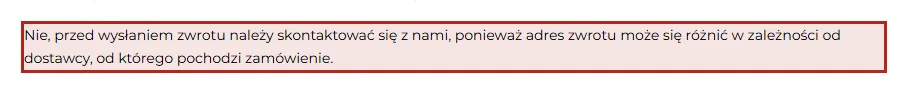 Zapis o adresie zwrotu w regulaminie
